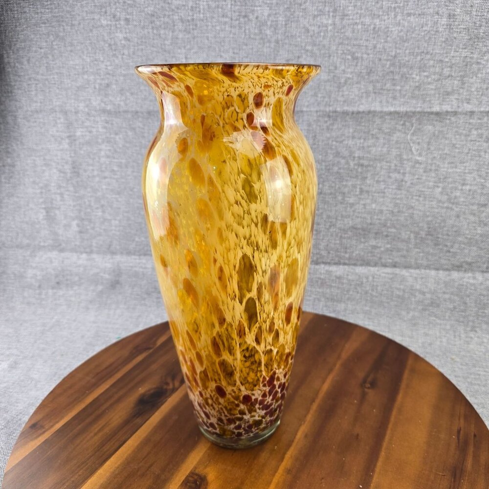 Murano Glassware Tall Art Glass Vase Amber & Red Leaf Pattern - Picture 3 of 5